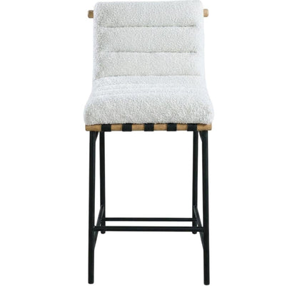 Vegan Leather & Boucle Counter Stool for Bar, Cream Boucle Fabric