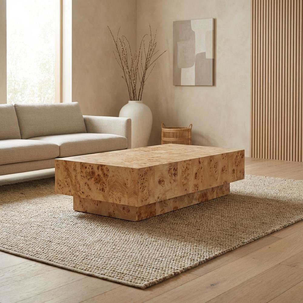 Rustic Natural Burl Coffee Table with Pedestal Base in Mid Century Style