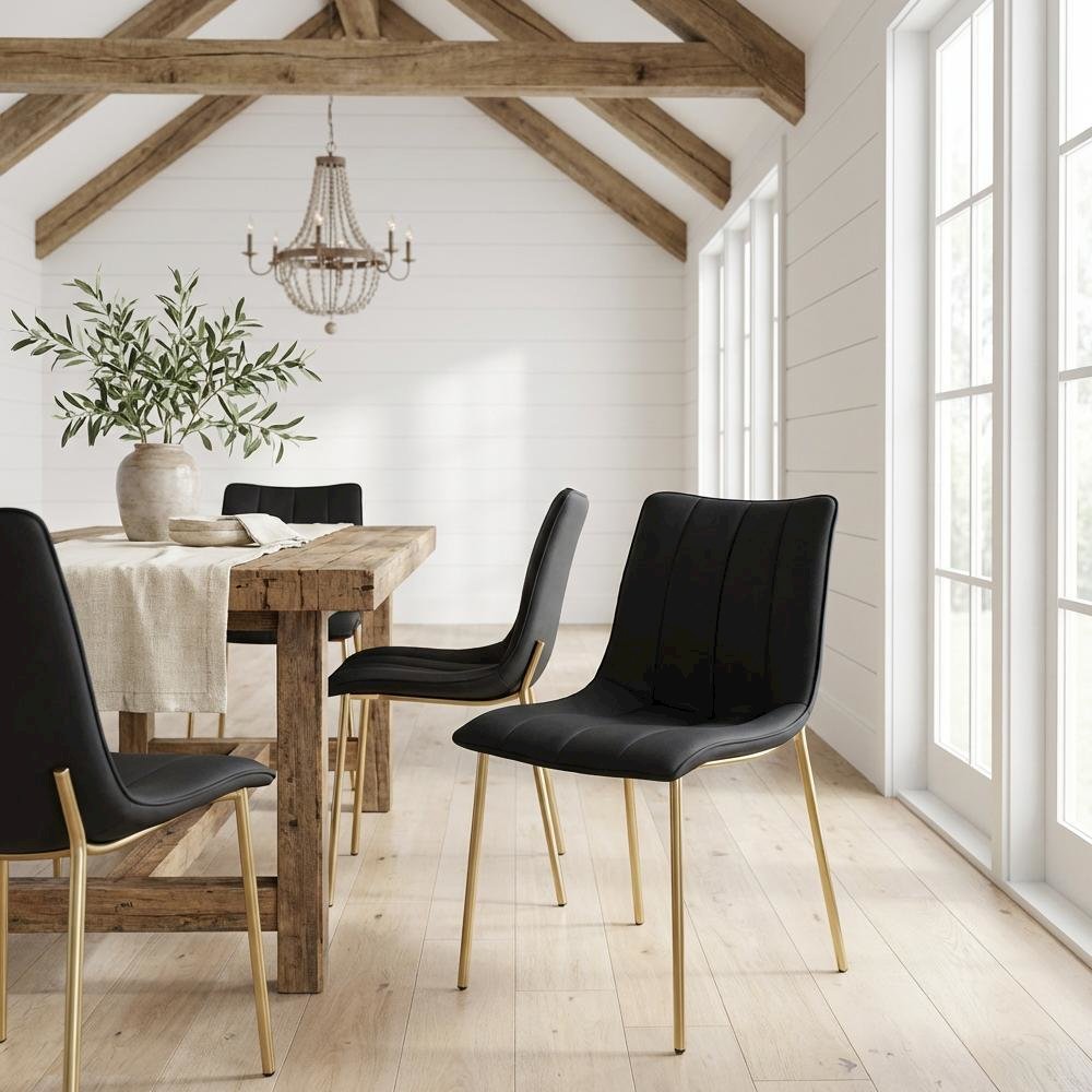 Brushed Gold Vegan Leather Dining Chairs Set of 2 with Contemporary Design
