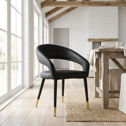 Gold Vegan Leather Dining Chair with Armrests and Contemporary Design