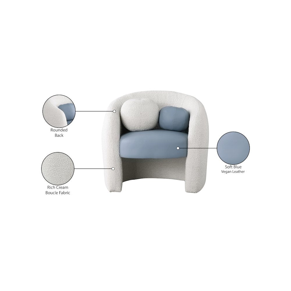 Acadia Blue Vegan Leather / Cream Boucle Fabric Accent Chair
