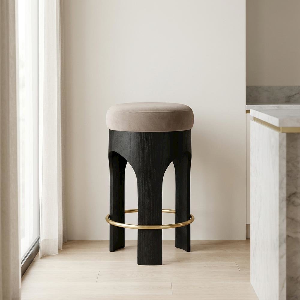 Velvet Backless Counter Stool, Round Seat, 3-Leg Base, Taupe