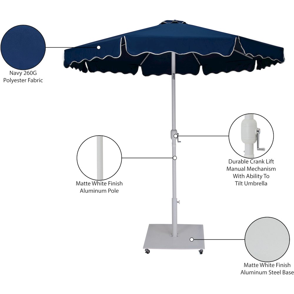 Amalfi Navy With Cream Piping / Matte White Metal Patio Umbrella with Base Sets