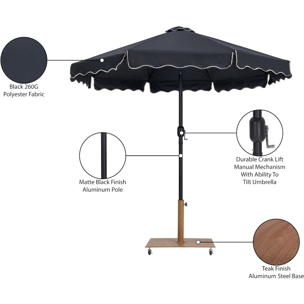 Amalfi Black With Cream Piping / Teak Metal Patio Umbrella with Base Sets