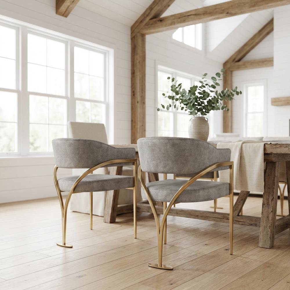 Gold Velvet Dining Chairs Set of 2 with Armrests and Contemporary Design
