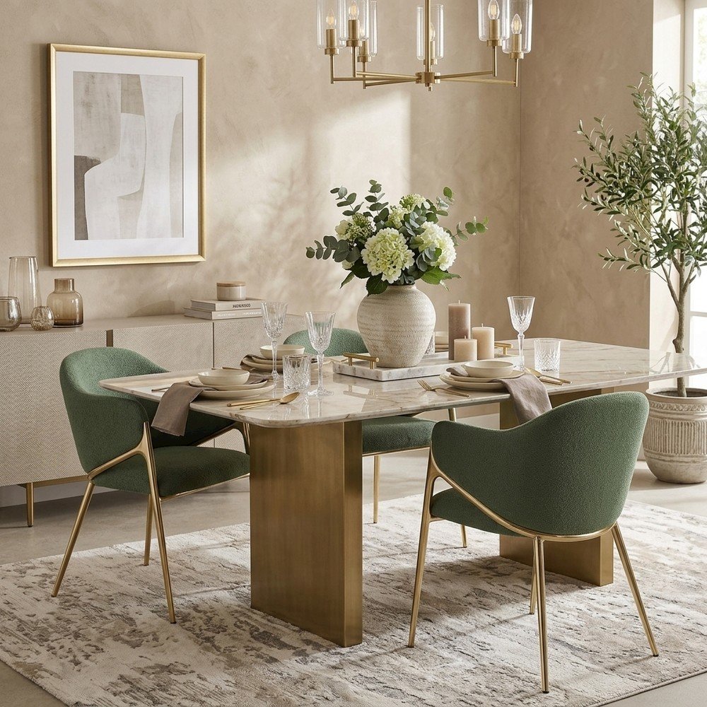 Boucle Fabric Upholstered Dining Chairs Set of 2, Green Boucle Fabric