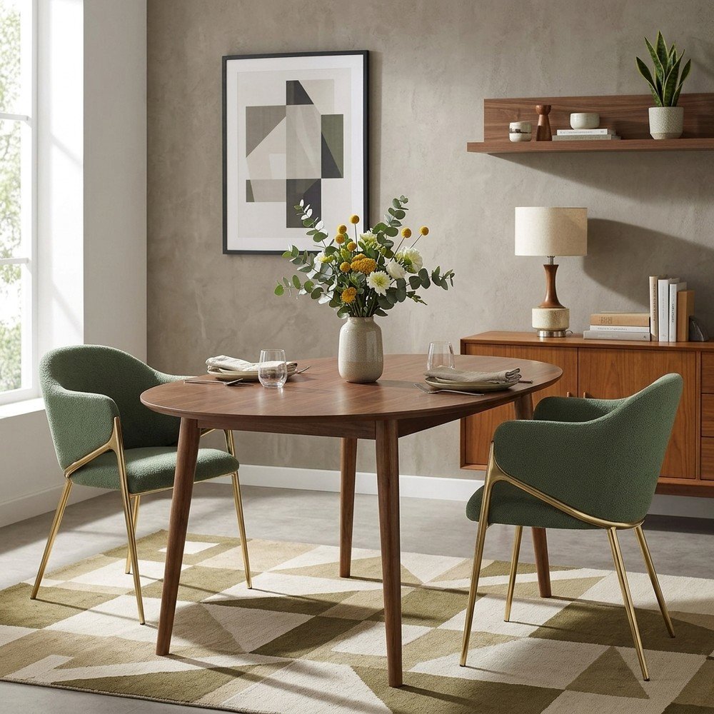 Boucle Fabric Upholstered Dining Chairs Set of 2, Green Boucle Fabric