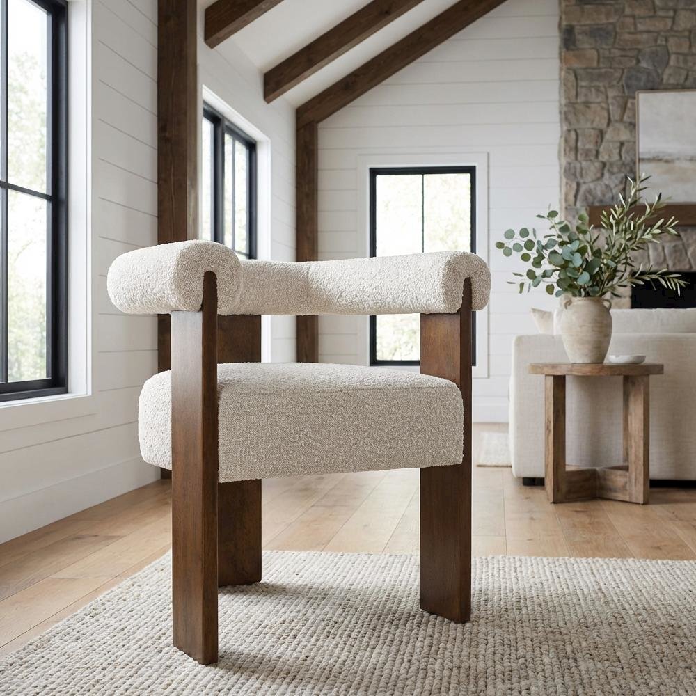 Walnut Boucle Fabric Dining Chair with Armrests and Mid-Century Style