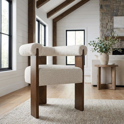 Walnut Boucle Fabric Dining Chair with Armrests and Mid-Century Style