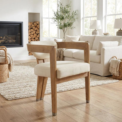 Neutral Wire Brush Vegan Leather Dining Chair with Armrests and Contemporary