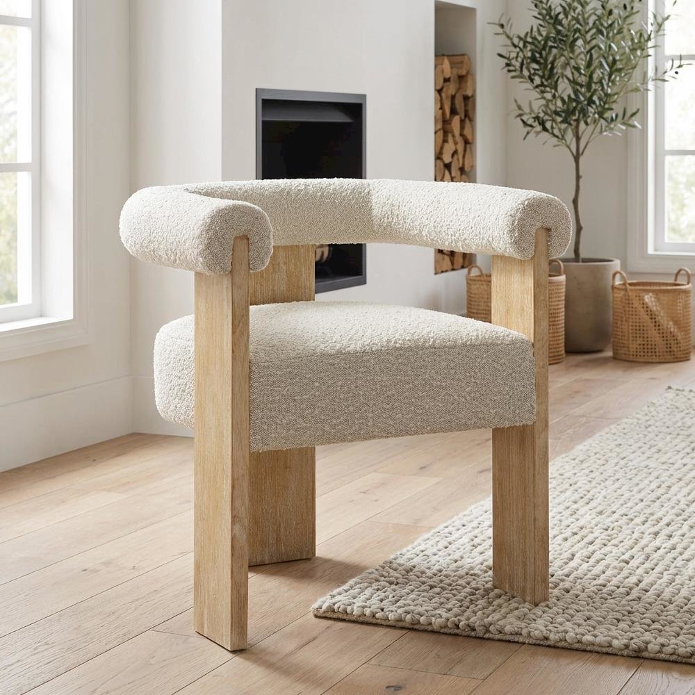 Neutral Boucle Fabric Dining Chair with  Back and Armrests