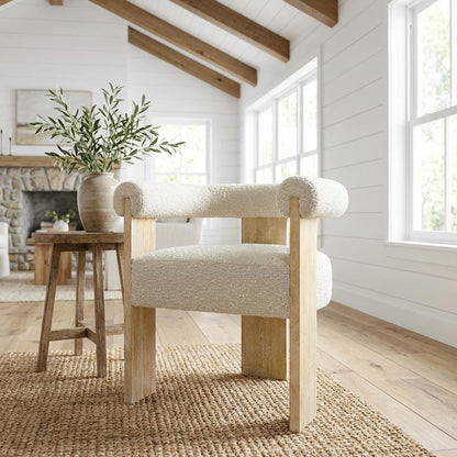 Neutral Boucle Fabric Dining Chair with  Back and Armrests