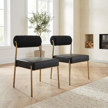 Brushed Brass Dining Chairs Set of 2 with Vegan Leather Seat and Boucle Back