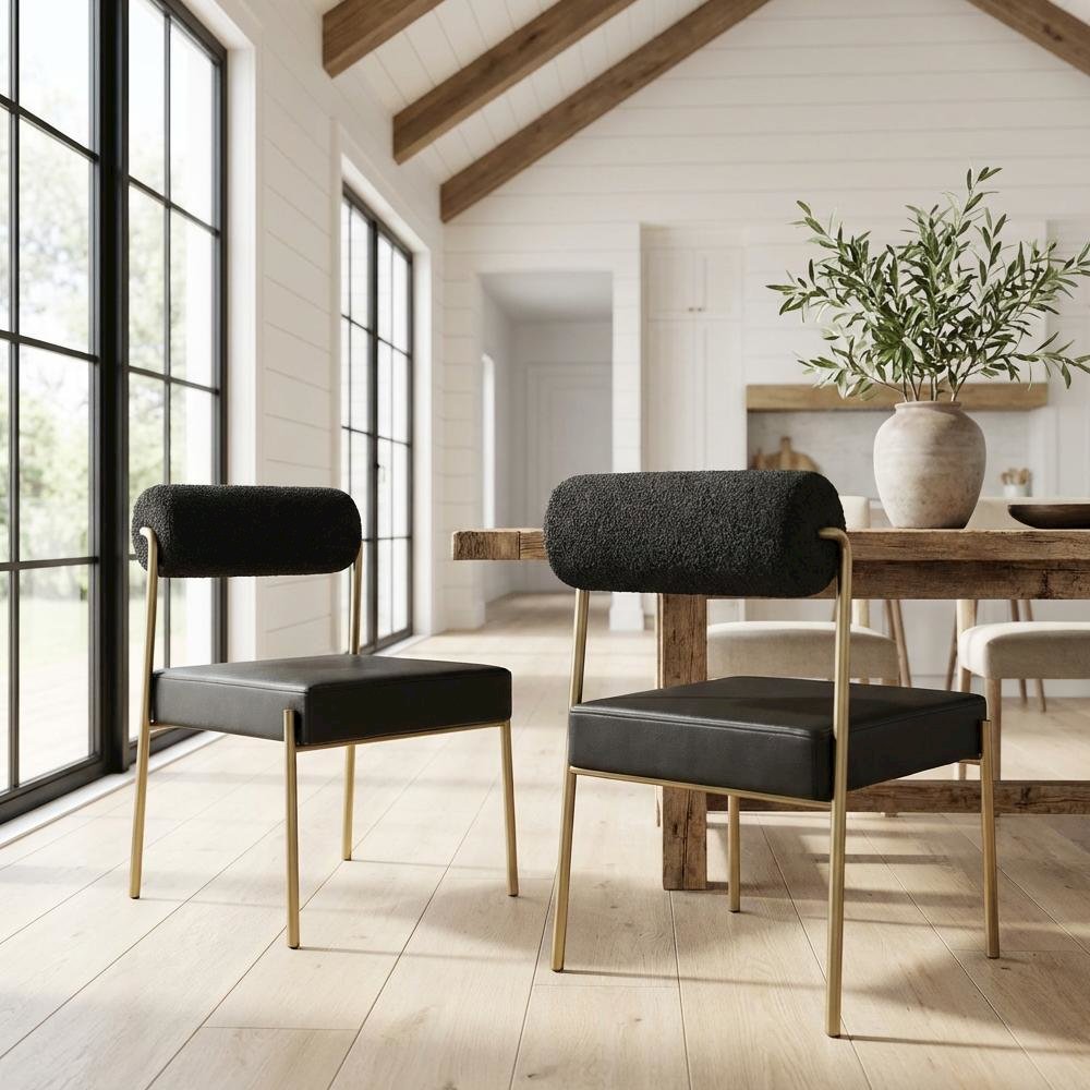 Brushed Brass Dining Chairs Set of 2 with Vegan Leather Seat and Boucle Back