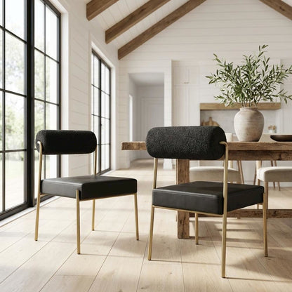 Brushed Brass Dining Chairs Set of 2 with Vegan Leather Seat and Boucle Back