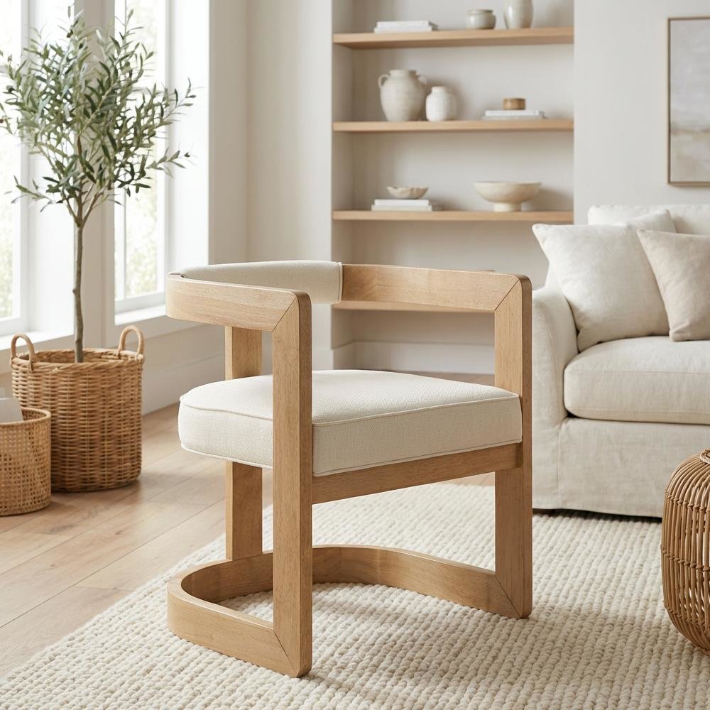 Neutral Wire Brush Vegan Leather Dining Chair with Armrests and Cushioned Seat