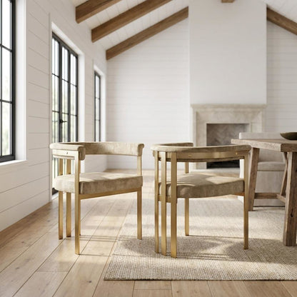 Velvet Dining Chairs with Brushed Brass Iron Legs, Beige Velvet, Set of 2