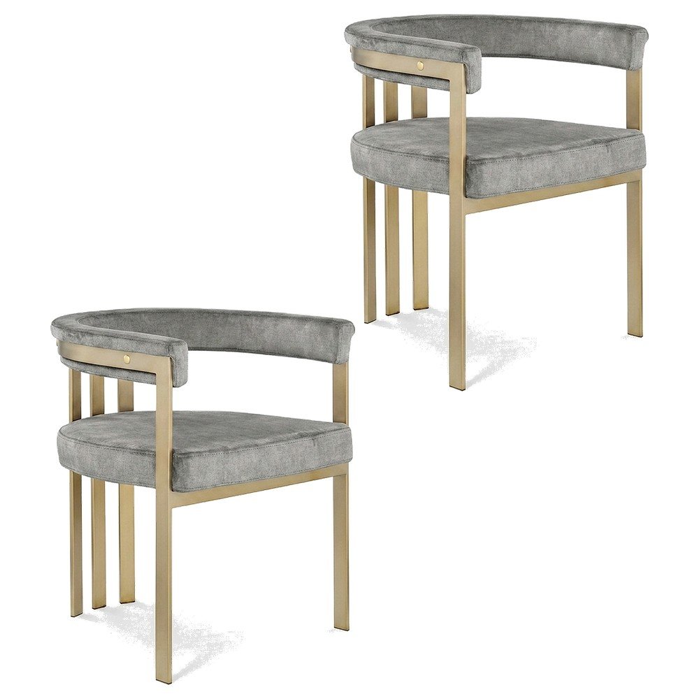 Velvet Dining Chairs with Brushed Brass Iron Legs, Grey Velvet, Set of 2