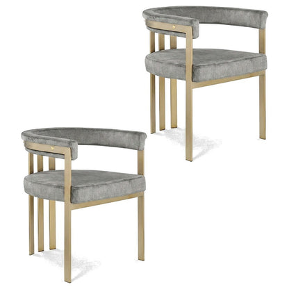 Velvet Dining Chairs with Brushed Brass Iron Legs, Grey Velvet, Set of 2