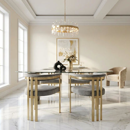Velvet Dining Chairs with Brushed Brass Iron Legs, Grey Velvet, Set of 2