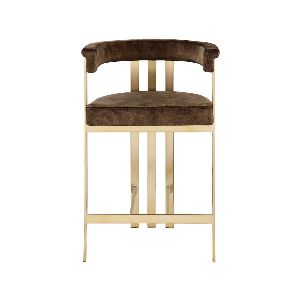 Velvet Counter Height Bar Stools with Brushed Brass Legs, Set of 2, Brown Velvet