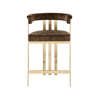 Velvet Counter Height Bar Stools with Brushed Brass Legs, Set of 2, Brown Velvet