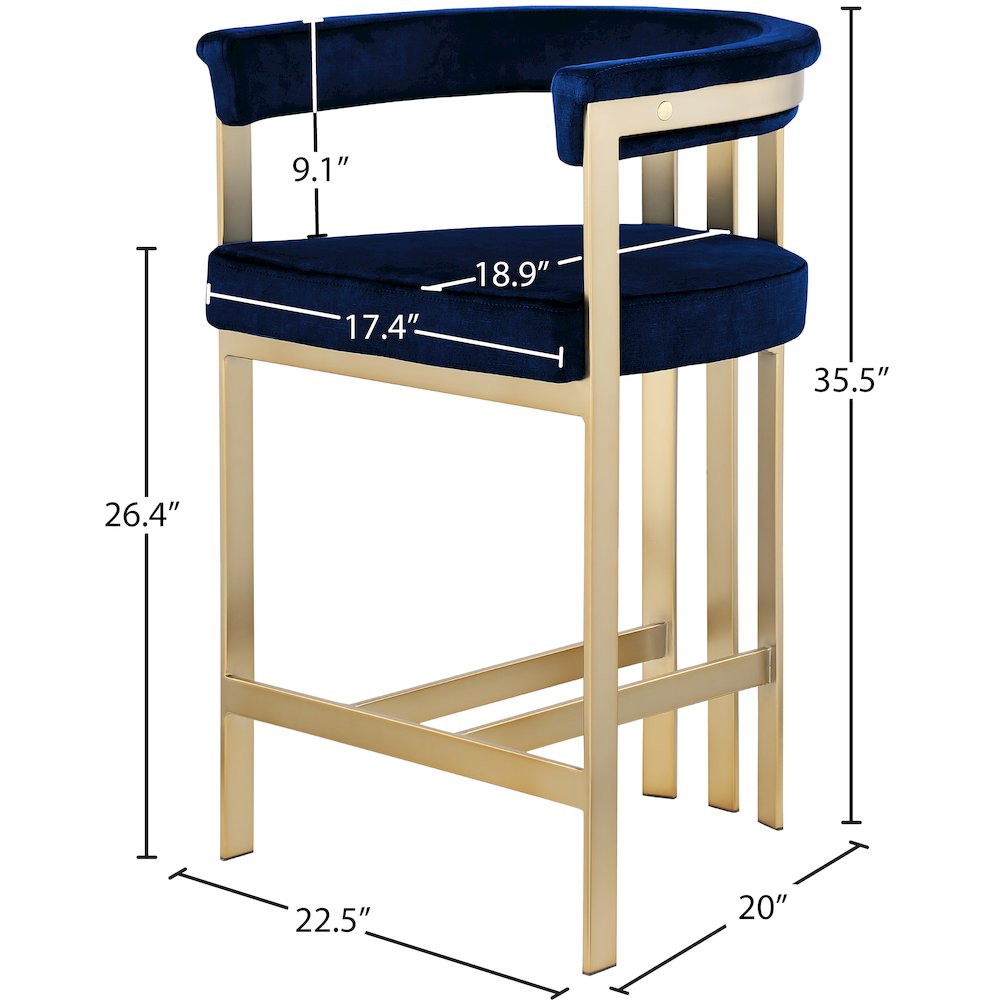 Velvet-Upholstered Counter Stools with Arms and Back, Set of 2, Navy Velvet