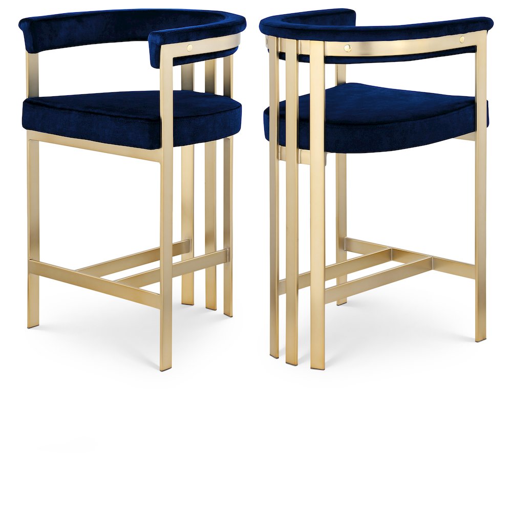 Velvet-Upholstered Counter Stools with Arms and Back, Set of 2, Navy Velvet