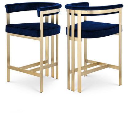 Velvet-Upholstered Counter Stools with Arms and Back, Set of 2, Navy Velvet