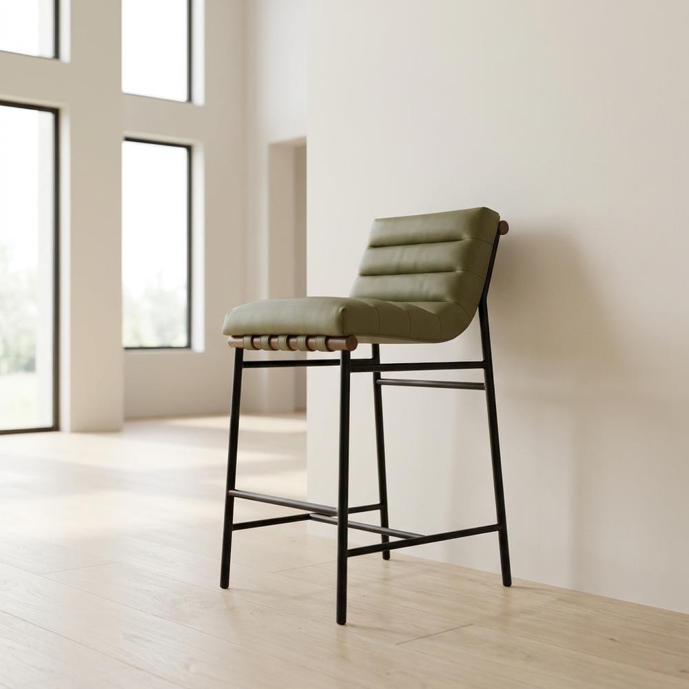 Vegan Leather & Boucle Counter Stool for Bar, Green Vegan Leather
