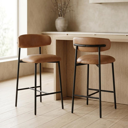 Vegan Leather Counter Stools with Back, Kitchen Island, Cognac, Set of 2