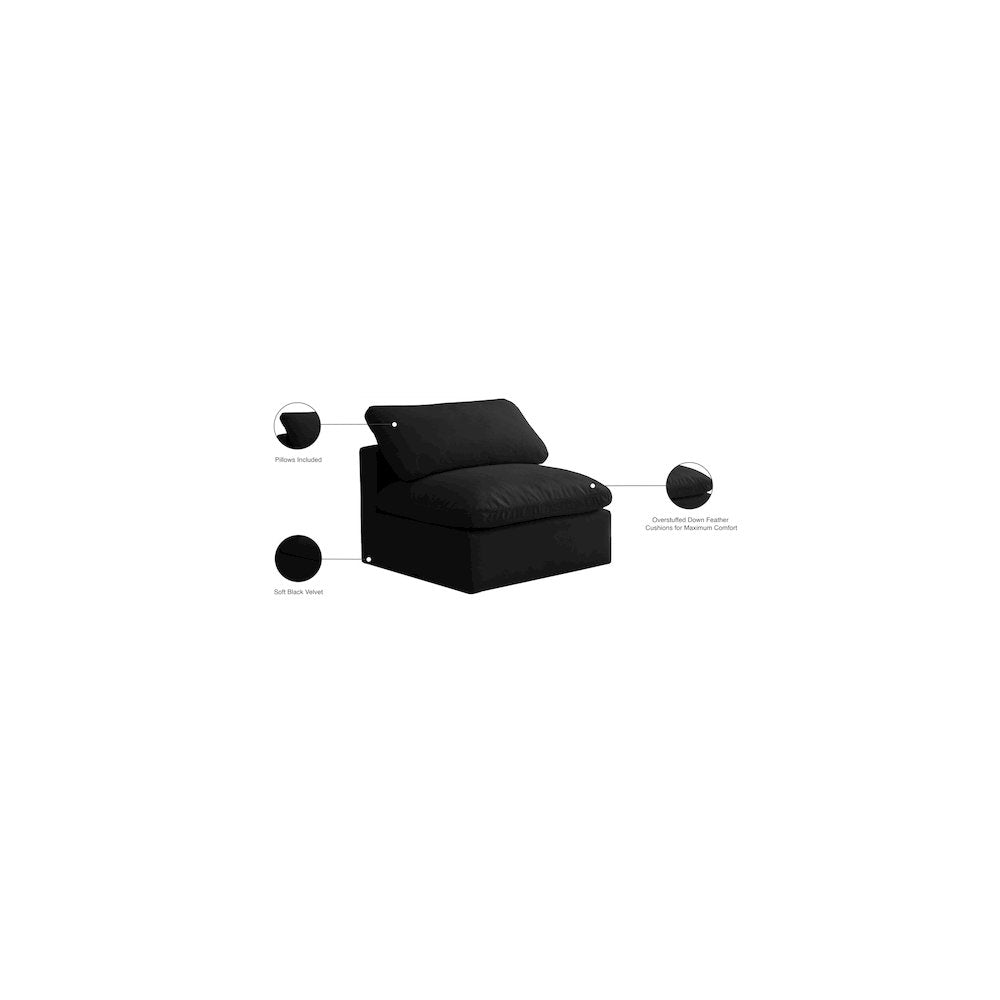 Plush Black Velvet Standard Comfort Modular Armless Chair