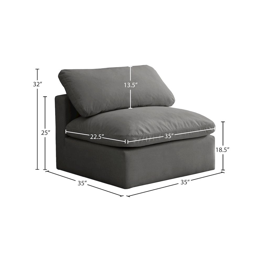 Plush Grey Velvet Standard Comfort Modular Armless Chair