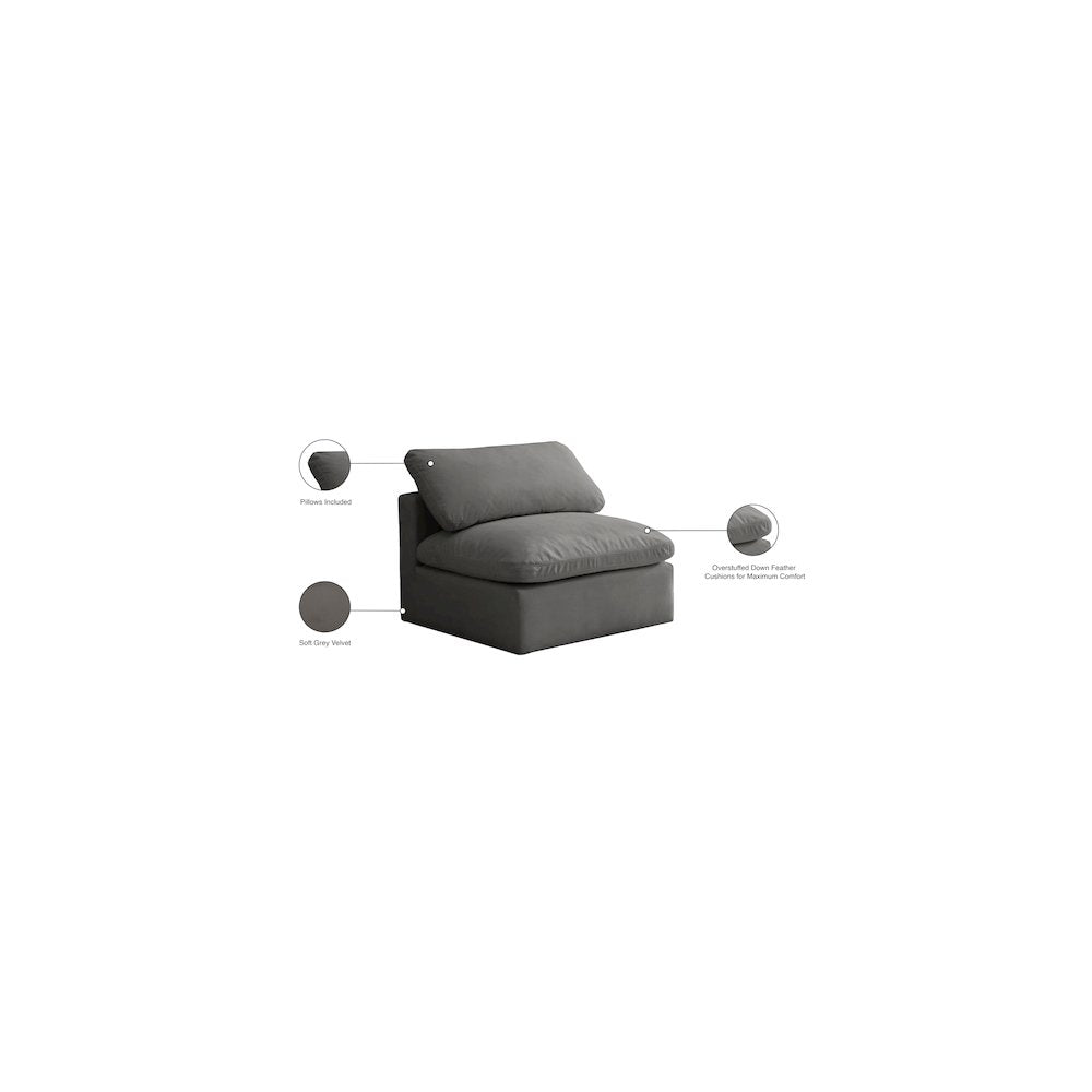 Plush Grey Velvet Standard Comfort Modular Armless Chair