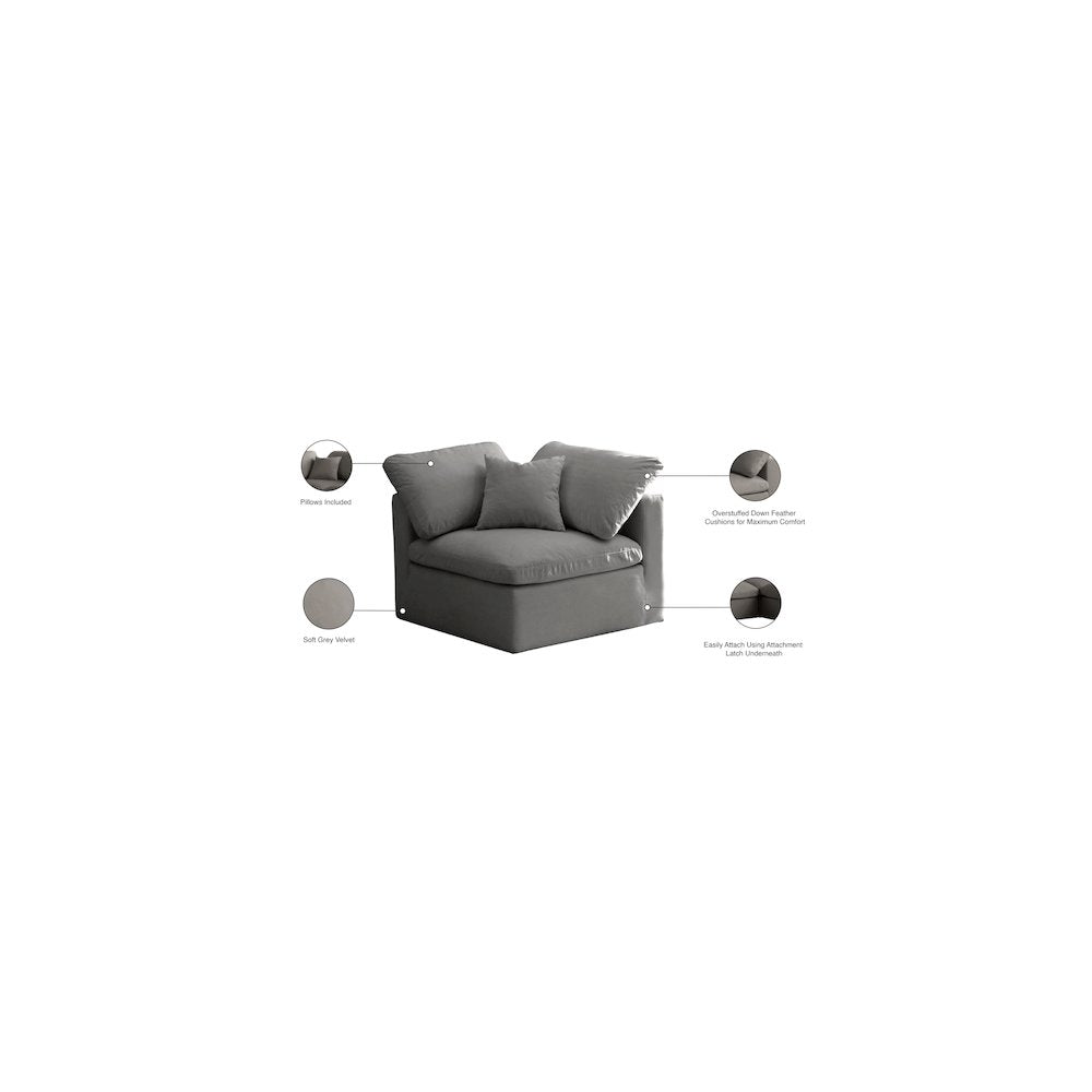 Plush Grey Velvet Standard Comfort Modular Corner Chair