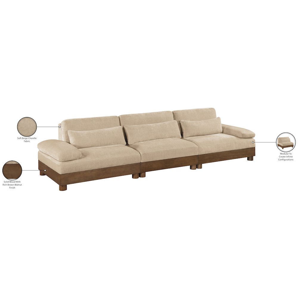 Turin 135.5" Beige Chenille Fabric Upholstered 3pc. Modular Sofa