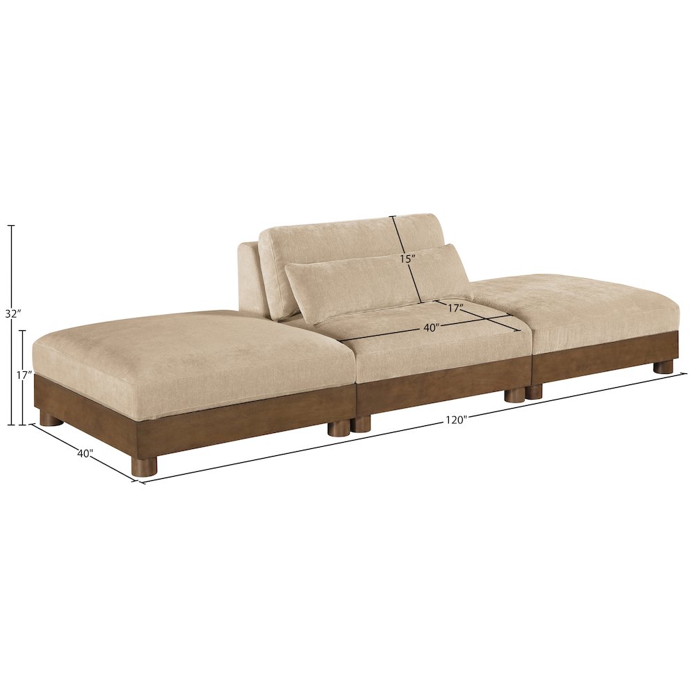 Turin 120" Beige Chenille Fabric Upholstered 3pc. Modular Sofa