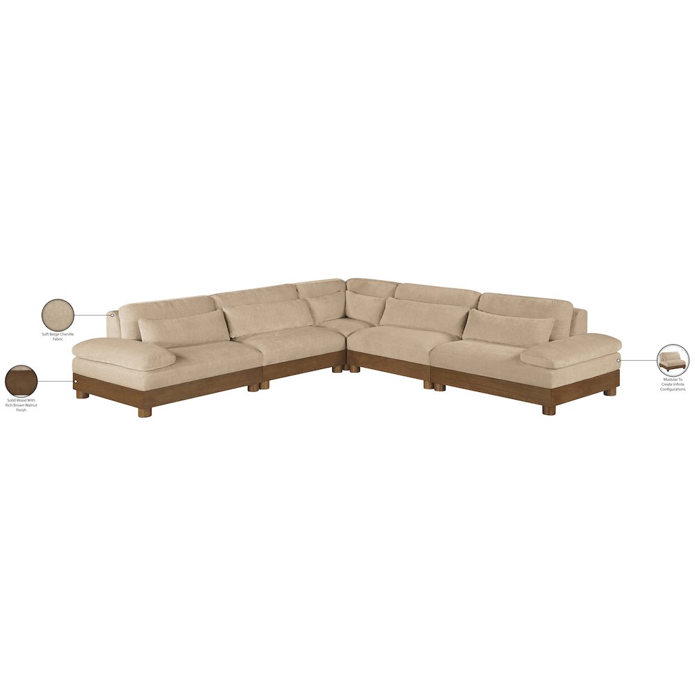 Turin 127.75" Beige Chenille Fabric Upholstered 5pc. Modular Sectional