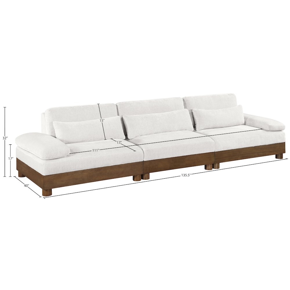 Turin 135.5" Cream Chenille Fabric Upholstered 3pc. Modular Sofa