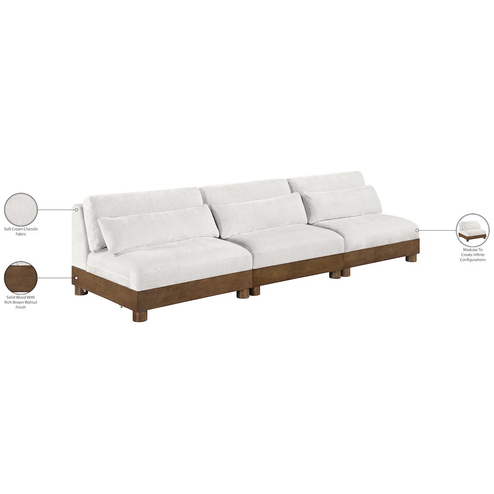 Turin 120" Cream Chenille Fabric Upholstered 3pc. Modular Sofa