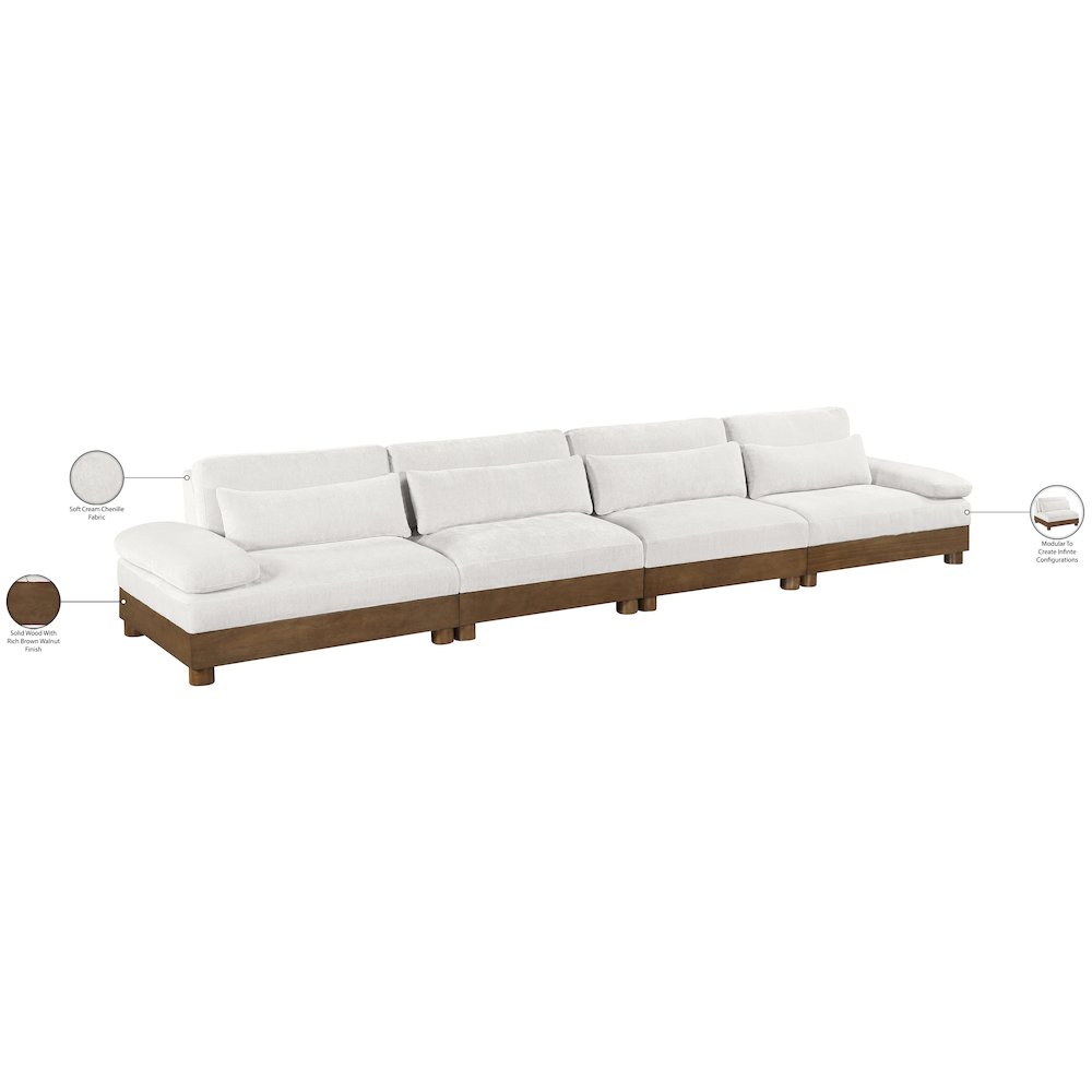 Turin 175.5" Cream Chenille Fabric Upholstered 4pc. Modular Sofa