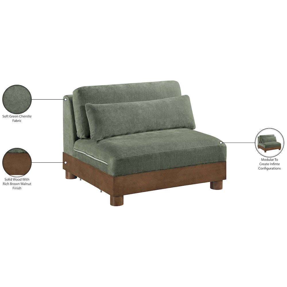 Turin Green Chenille Fabric Upholstered Modular Armless Chair