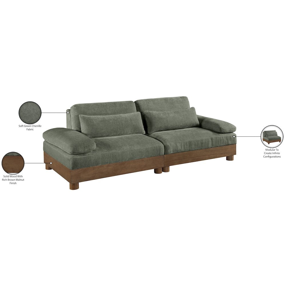 Turin 95.5" Green Chenille Fabric Upholstered 2pc. Modular Loveseat