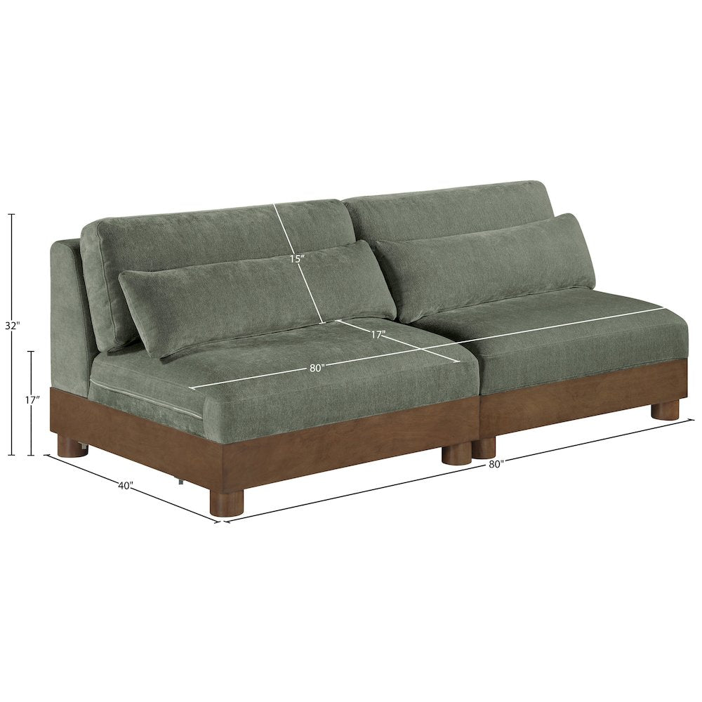 Turin 80" Green Chenille Fabric Upholstered 2pc. Modular Loveseat