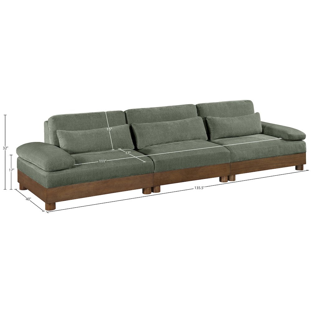 Turin 135.5" Green Chenille Fabric Upholstered 3pc. Modular Sofa