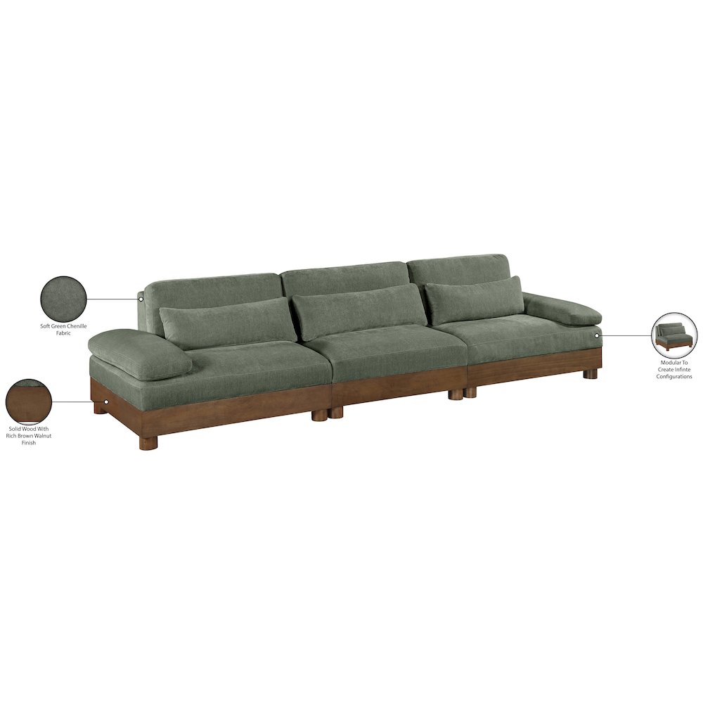 Turin 135.5" Green Chenille Fabric Upholstered 3pc. Modular Sofa