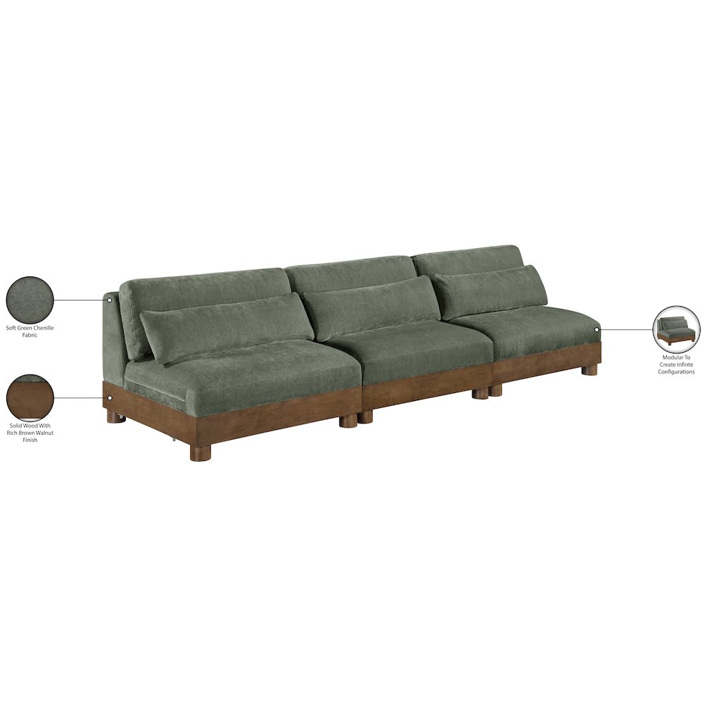 Turin 120" Green Chenille Fabric Upholstered 3pc. Modular Sofa
