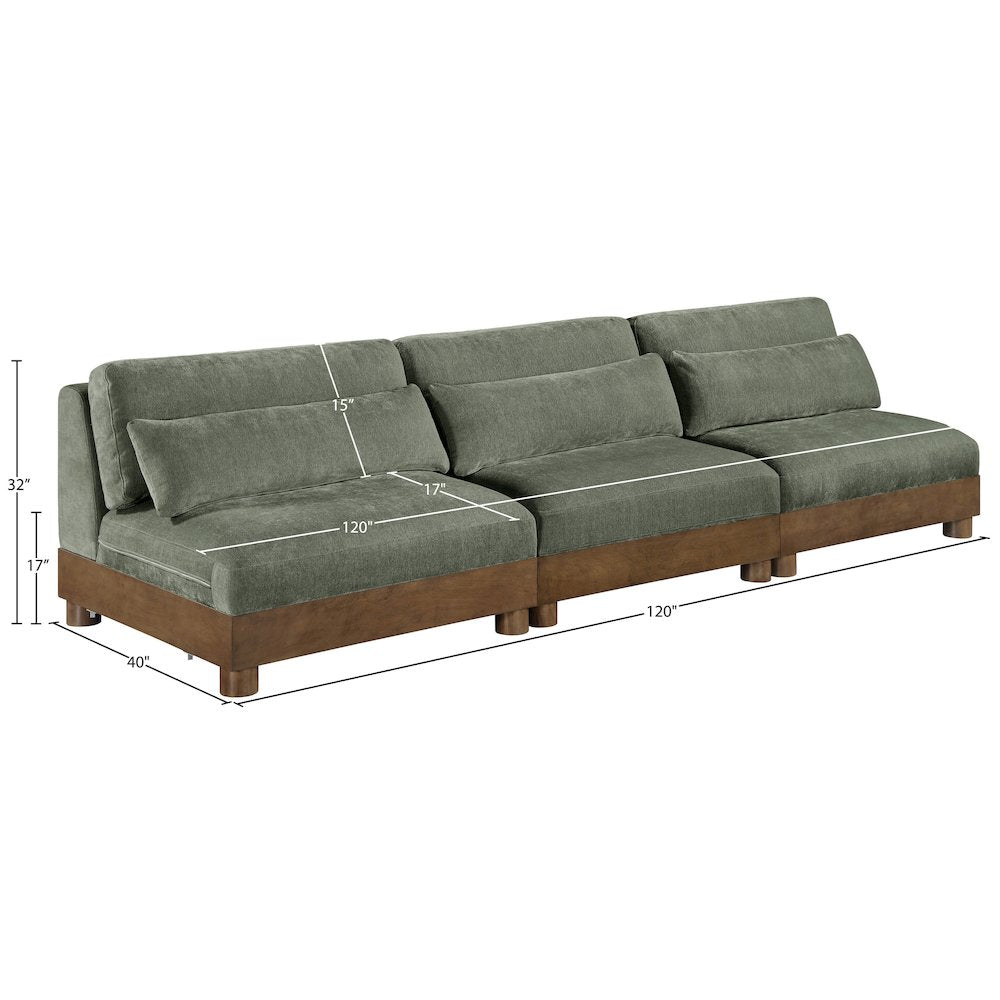 Turin 120" Green Chenille Fabric Upholstered 3pc. Modular Sofa