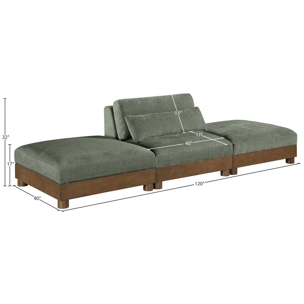Turin 120" Green Chenille Fabric Upholstered 3pc. Modular Sofa