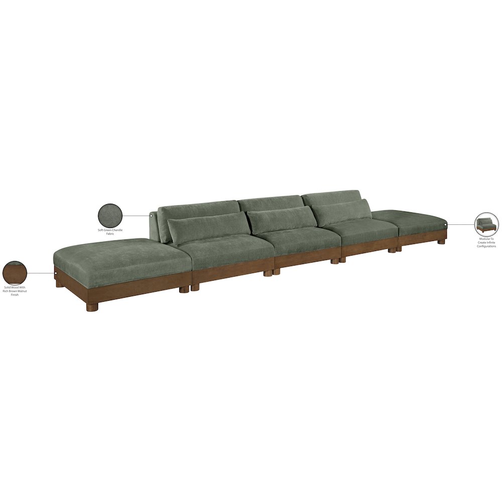 Turin 200" Green Chenille Fabric Upholstered 5pc. Modular Sofa